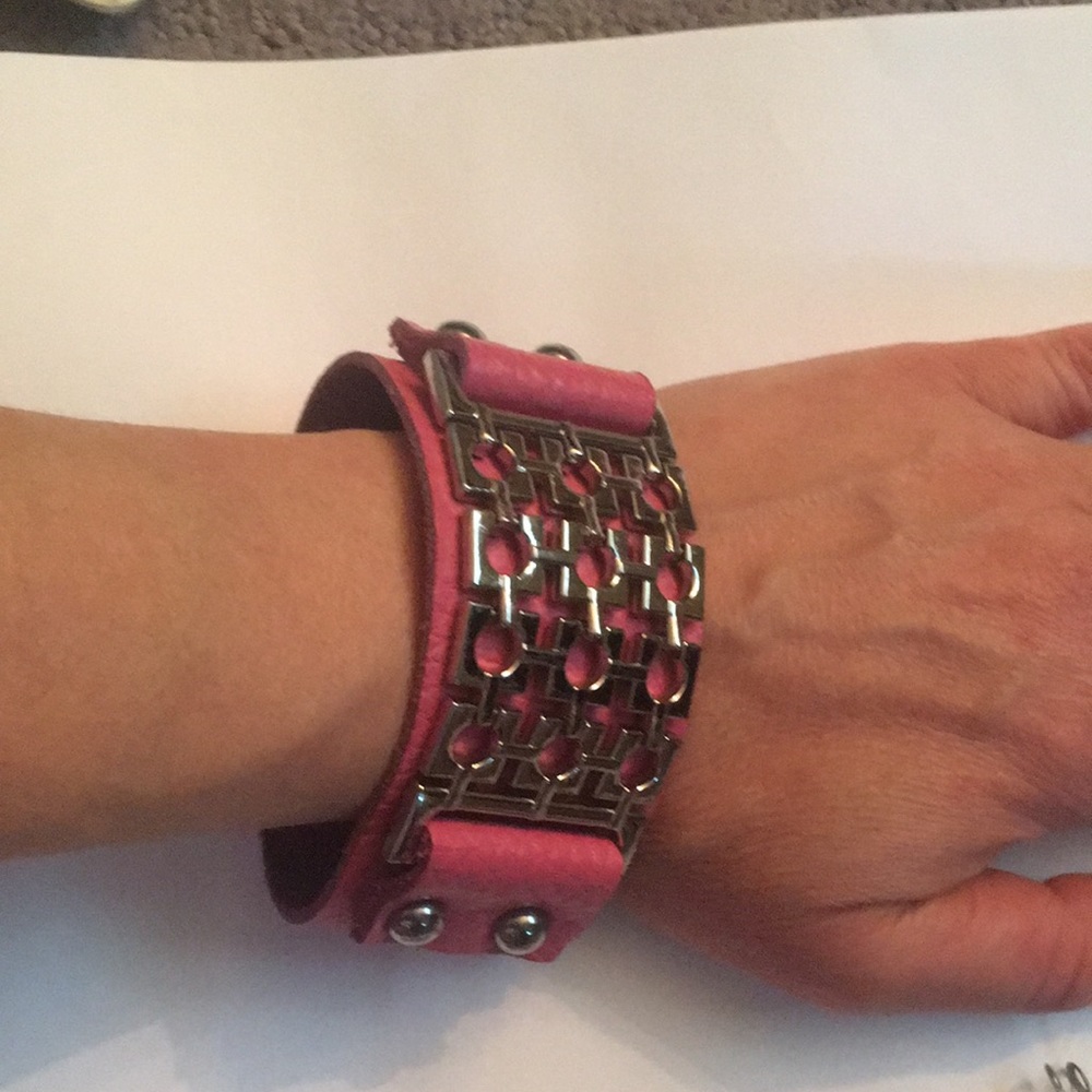 Pink Leather Bracelet with Silver accent. Unique!!